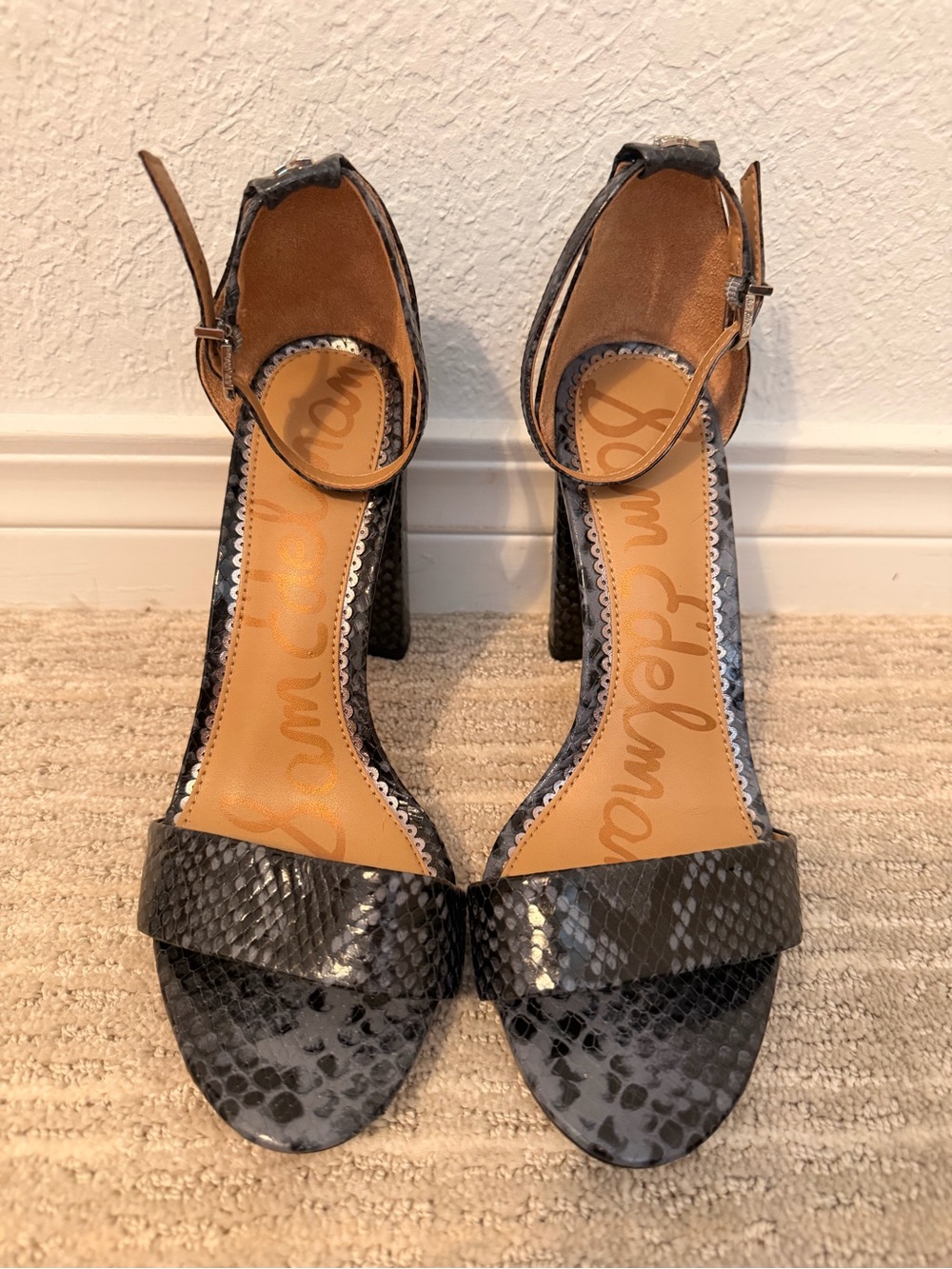 Sam Edelman Black & Grey Snake-Print Ankle Strap Sandals